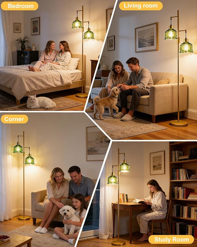 2-Light Gold Floor Lamp for Living Room, 65IN Tall Standing Lamps Dimmable with Green Glass Lampshade, 3000K Warmwhite Mid Century Modern Floor Lamp for Bedroom/Office/Corner/Sofa Beside