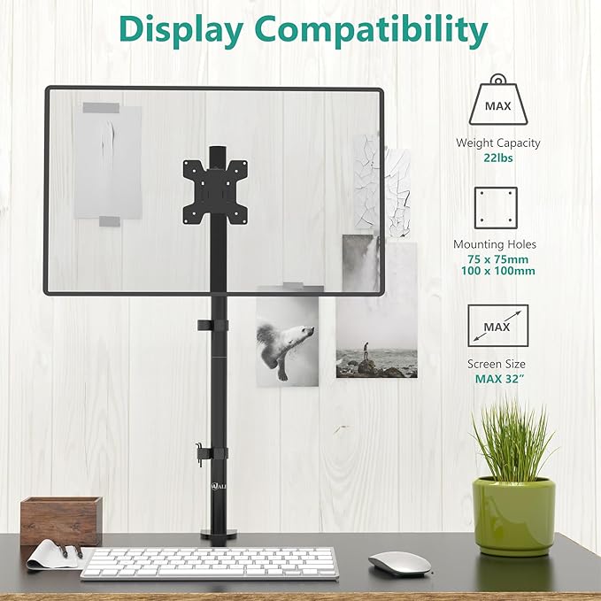 WALI Monitor Arm Mount for Desk, Single Extra Tall Computer Desk Mount, Monitor Bracket Mount Stand Single, up to 32 inch, 22 lbs (M001XL), Black