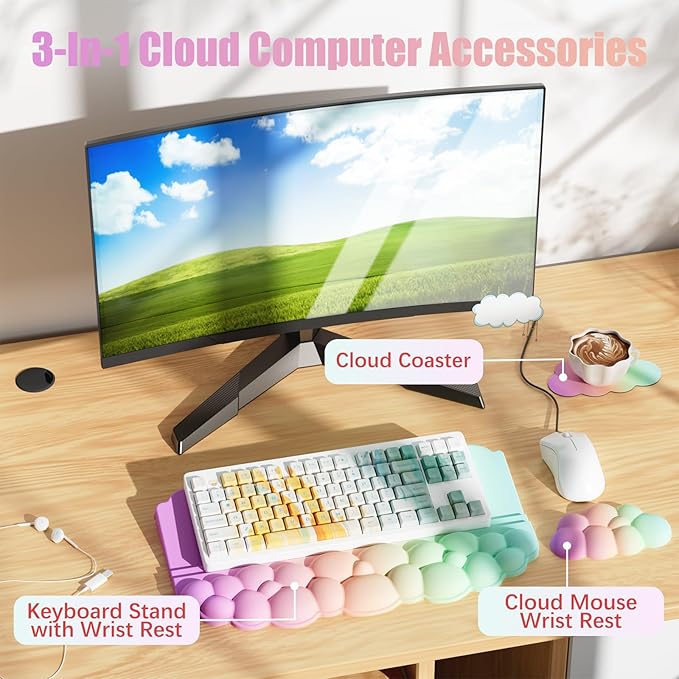 Ergonomic Wrist Rest for Keyboard, Soft Memory Foam Cloud Keyboard Stand Pad with Wrist Rest Set with Non-Slip Silicone Base, Easy Typing, Comfort for Computer Laptop Mac - Rainbow