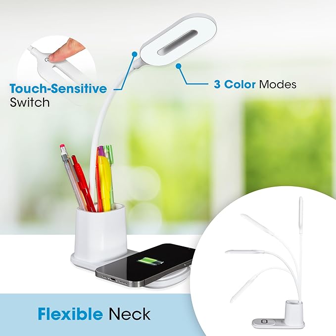 OttLite Organizer LED Desk Lamp with Wireless Charging - 3 Color Temperatures, Dimmable with Touch Activated Controls, Flexible Neck - Includes Storage Area for Desk Supplies