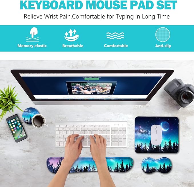 AIMSA Keyboard Wrist Rest Support + Mouse Pad + Mouse Wrist Rest + Coaster, Ergonomic Memory Foam Anti-Slip Rubber Base 4 PCS Set Easy Typing Pain Relief, Forest Moon Sky