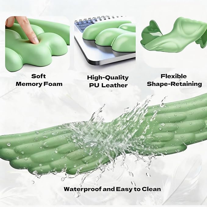 Angel Wing Wrist Rest Ergonomic Memory Foam Wrist Rest for Computer Keyboard Mouse Set with Cup Mat, Cute Gaming Keyboard Cushion Hand Support PU Leather Surface Anti-Slip Waterproof (Green)