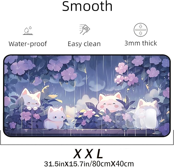 Cute Anime Office Desk Pad, White Cat Rain Keyboard and Mouse Pad XXL, Large Size Game Desk Mat, Purple Flower Laptop Desktop Pad, Women Kawaii Office Home Decoration Accessories 31.5"X15.7"