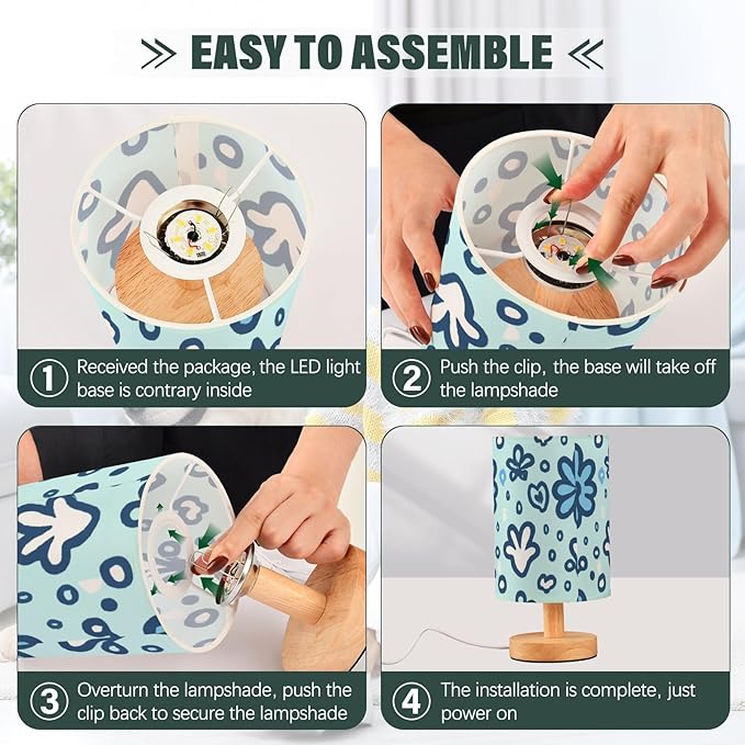 Flower LED Table Lamp, Bedside Lamp with Linen Lampshade, Flicker-Free Eye Care USB Plug in Nightstand Lamp, for Bedroom and Office