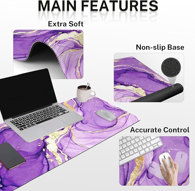 Arttown Purple Gold Marble Desk Mat Abstract Marble Mouse Pad Set 4 in 1 Ergonomic Design Large Mousepad + Keyboard Wrist Rest + Mouse Wrist Rest + Coaster Suitable for Home Office Study Game
