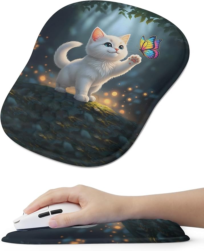 Adorable Kitty Cat Ergonomic Mouse Pad for Carpal Tunnel Pain Relief, 65% Usable Mouse Area, Memory Foam Concave Wrist Rest for Office, PC, Gaming