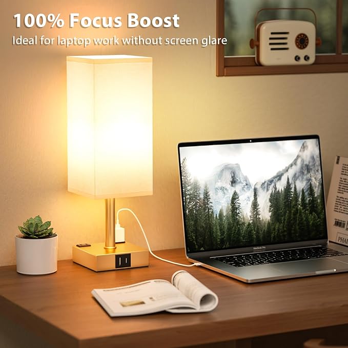 aooshine Gold Base Touch Lamps Set of 2 - Nightstand Lamp with USB-C + A Charge Ports & AC Outlets, 3-Way Dimmable Bedside Lamp, Small Table Lamp Light for Bedroom (Bulb Included)