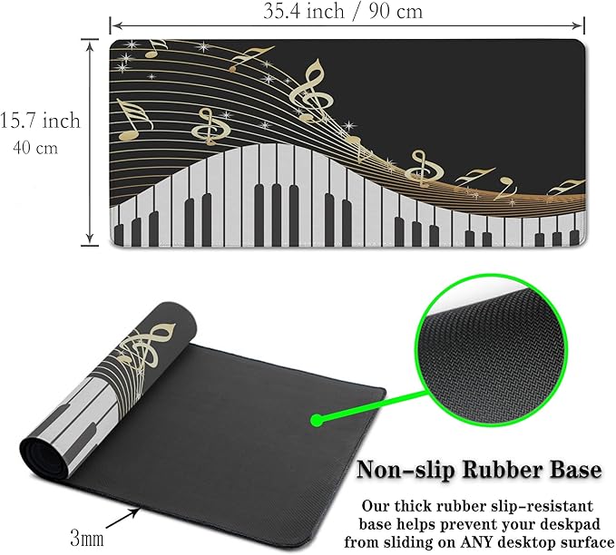 Large Mousepad Music Notes Keyboard Pad Large Gaming Mouse Pads XXL Mouse Pad Gaming Non-Slip Rubber Base 35.4 X 15.7 for Game Office, Black Piano Musical Instrument and Notes