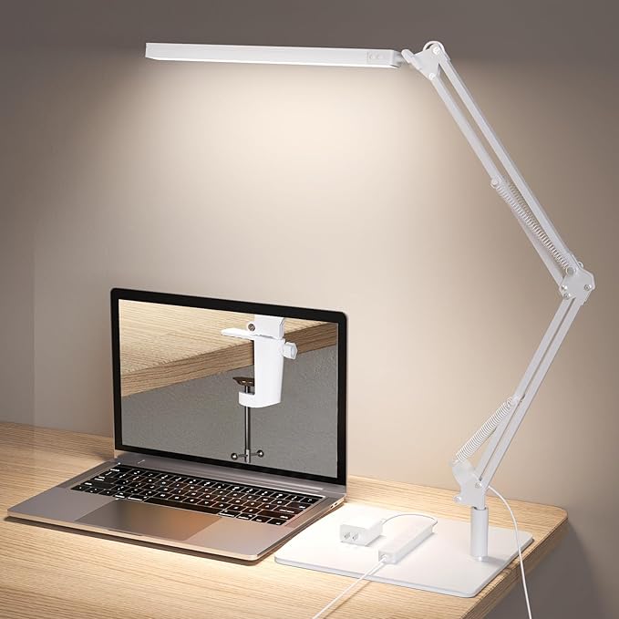 Swing Arm Desk Lamp with Base, 80 LED Beads, 5 Color Modes & 11 Brightness Levels, 360° Adjustable Arm, Eye-Caring Light CRI95, Timer & Memory Function, for Office, Study, Crafting