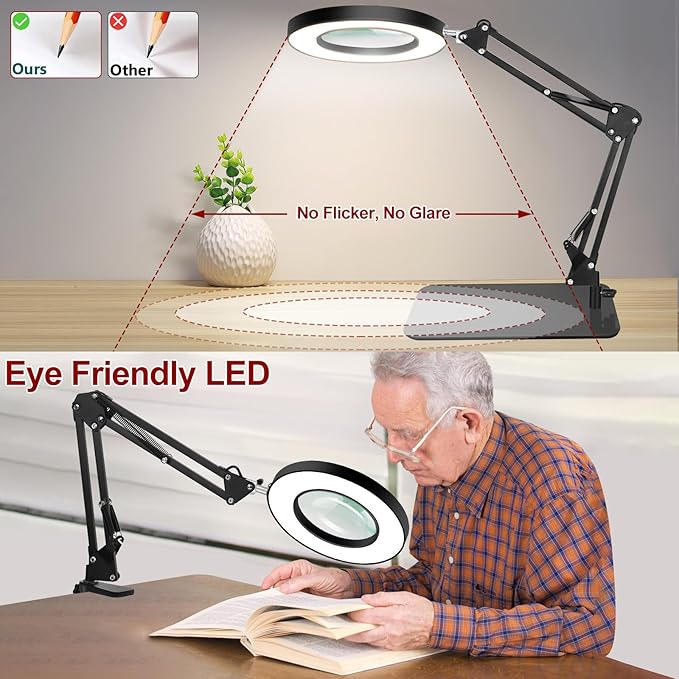12X Magnifying Glass with Light, 5 Color Modes Stepless Dimmable Magnifier with Stand, LED Lighted Clamp Desk Lamp with Swing Arm, Hands Free for Reading Painting Crafts Close Work