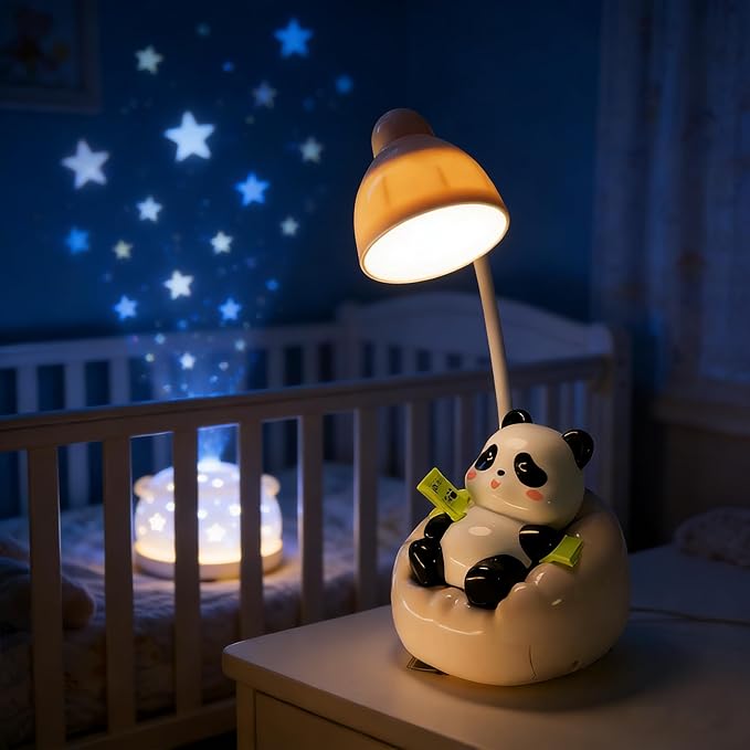 LED Desk Lamp with USB Charging Port, Gooseneck, Cute Panda Night Light for Bedroom Study Room, Boys Girls Children, Touch Control, 500 mAh, Rechargeable Lighting Decor for Boys Girls-Pink