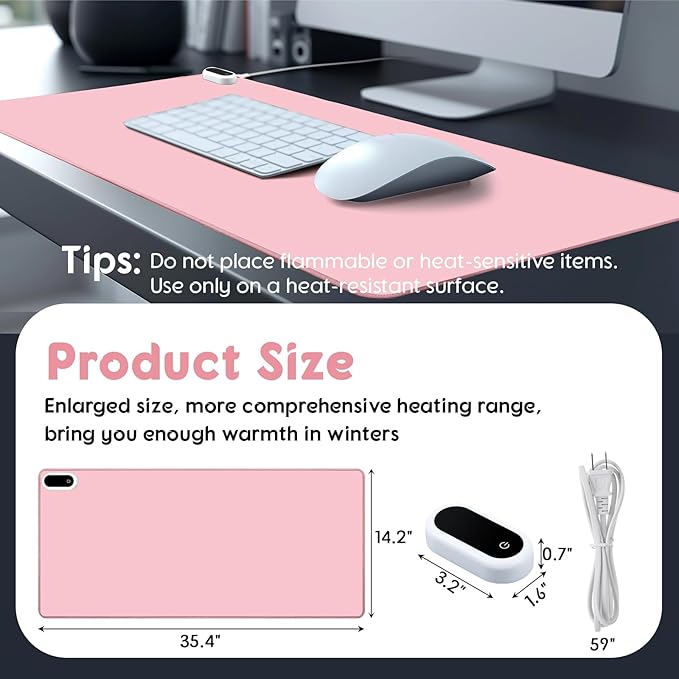 Konohan Heated Desk Pad Warm Mouse Pad, 5 Heating Level & 4 Hour Auto Shut-Off, PU Leather Warm Mouse Mat Heating Keyboard Gaming Mice Warmer Mat Only Supports 110v(Pink Color,35.4"x 14.2")