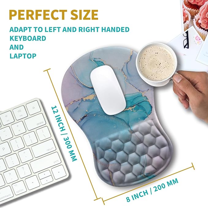 Hokafenle Ergonomic Mouse Pad Wrist Support, Wrist Rest Mousepad for Carpal Tunnel with Integrated Memory Foam Slope Massage Bulge (11.8x7.9 inch,Blue Marble)