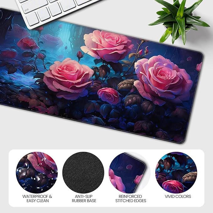 Extended Mouse Pad, Pink Roses Floral Design, 35.4 x 15.7 Inches, Microfiber Cloth Surface with Non-Slip Rubber Base, Rectangular Gaming Desk Mat