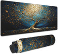 Desk Mat,Blue Golden Tree and Waves Extended Gaming Mouse Pad Large, 31.5"x11.8" 3D Modern Art Landscape Mouse Pad with Non-Slip Base and Stitched Edge,Computer Keyboard Mouse Mat for Home Office