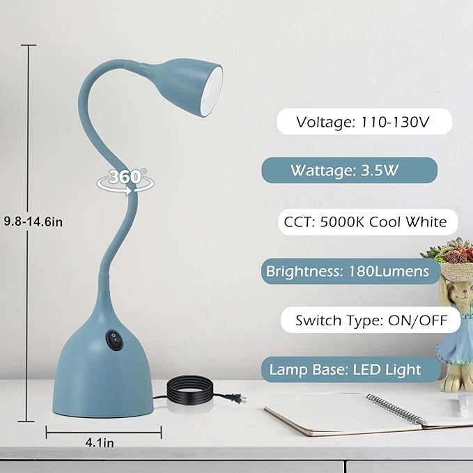 Gooseneck Desk Lamp 360 LED Flexible Reading Light for Small Spaces Home Office Bedroom College Dorm Bookshelf Nightstand Table Lamp (Blue)
