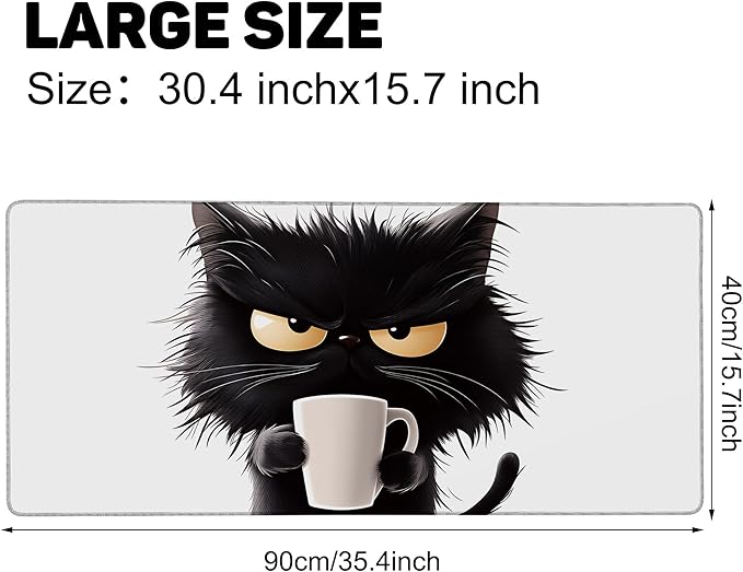 Large Mouse Pad 35.4x15.7 Inch Black Cat with Coffee Gaming Desk Mat with Non-Slip Rubber Base, Stitched Edges for Gaming,Office