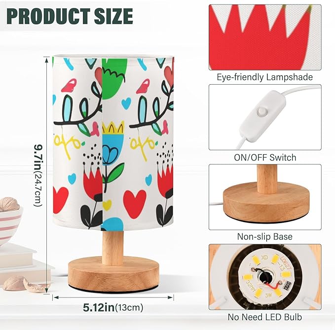 Colorful Floral LED Table Lamp, Bedside Lamp with Linen Lampshade, Flicker-Free Eye Care USB Plug in Nightstand Lamp, for Bedroom and Office