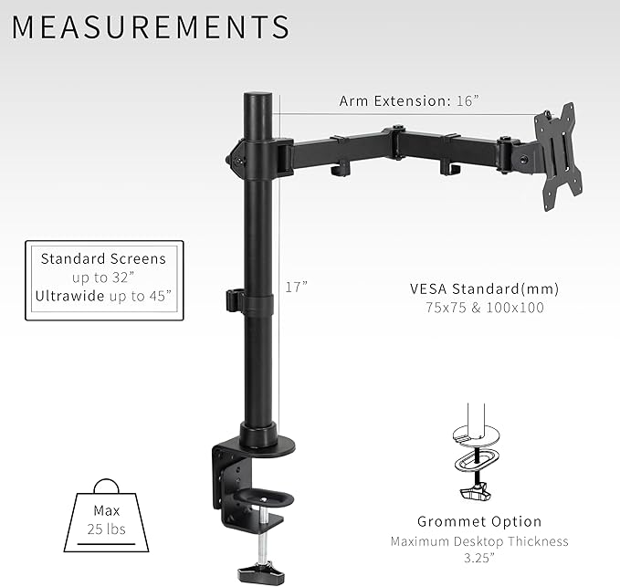 VIVO Single Large Monitor Arm Desk Mount, Holds Screens up to 45 inch Ultrawide, Fully Adjustable Stand with C-Clamp and Grommet Base, VESA 75x75mm or 100x100mm, Black, STAND-V149