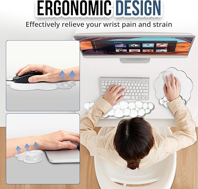 Keyboard Wrist Rest Set — Ergonomic Cloud Gel Wrist Rest Keyboard and Mouse Pad, Non-Slip Desk Accessories for Office and Home（White）