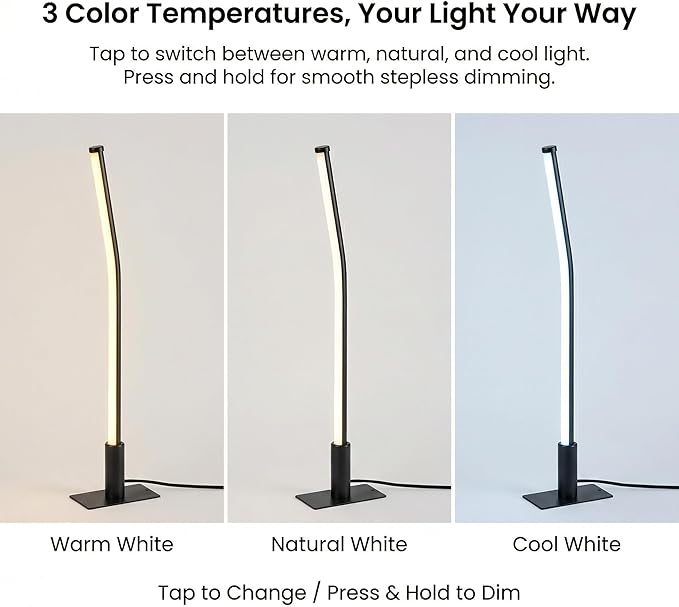 LED Desk Lamp,Touch Control Bedside Lamp with 3 Color Temperatures and Stepless Dimming,6W Modern Slim Table Lamp for Bedroom Nightstand,Living Room or Office,Black