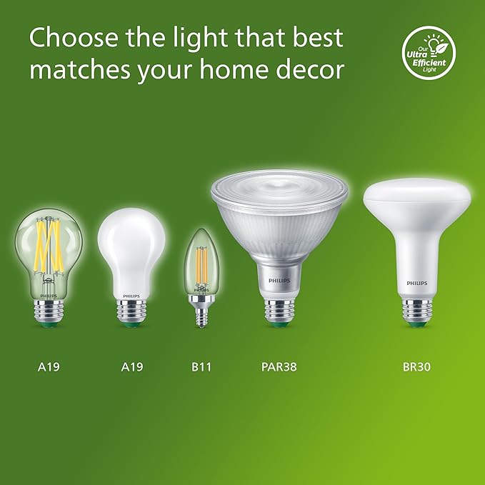 Philips LED 60W A19 12-Pack Ultra Efficient Soft White (5W = 60W) Dimmable Clear Flicker-Free Light Bulb