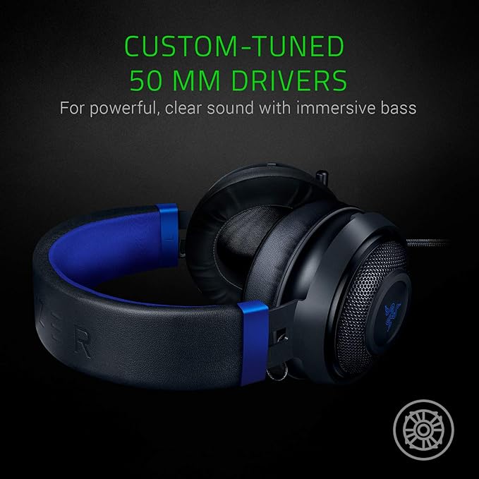 Razer Kraken Gaming Headset: Lightweight Aluminum Frame - Retractable Noise Isolating Microphone - for PC, PS4, PS5, Switch, Xbox One, Xbox Series X & S, Mobile - 3.5 mm Headphone Jack - Black/Blue