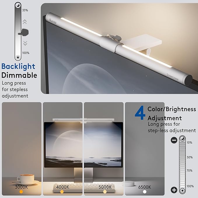 Quntis Monitor Light Bar with Remote, Eye-Care No Glare, Space Saving Home Office Desk Lamp (White), Stepless Dimming, Easy Setup LED Computer Light Backlight for Curved Gaming Monitors Reading Study