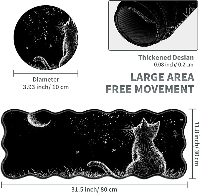 Black Cat Moon Large Gaming Mouse Pad Plus a Coaster, 31.5 x 11.8 inches Desk Mat Extended XL Mousepad with Stitched Edge Non-Slip Rubber, Desk Pad Computer Mouse Mat for Home Office