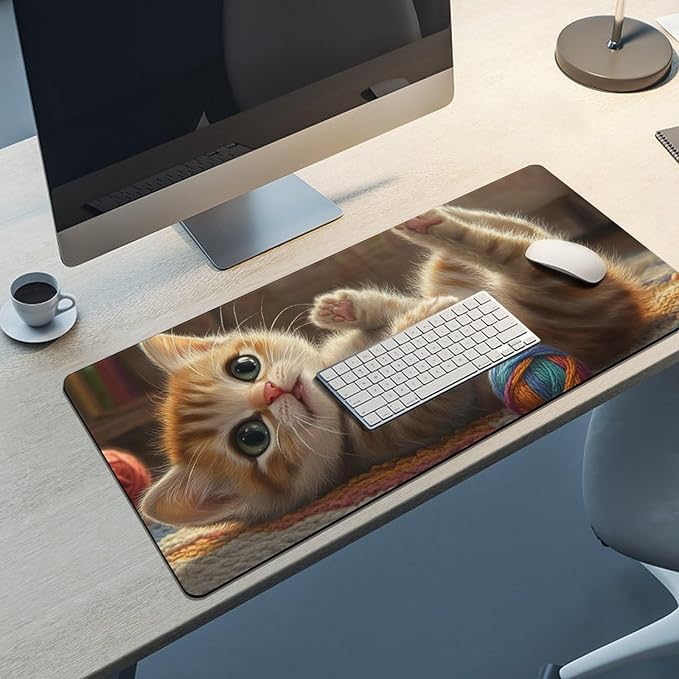 Large Ergonomic Gaming Mouse Pad Curious Kitten Playtime - Cute Cat Theme with Non-Slip Base Water-Resistant Surface and Stitched Edges 40x90cm