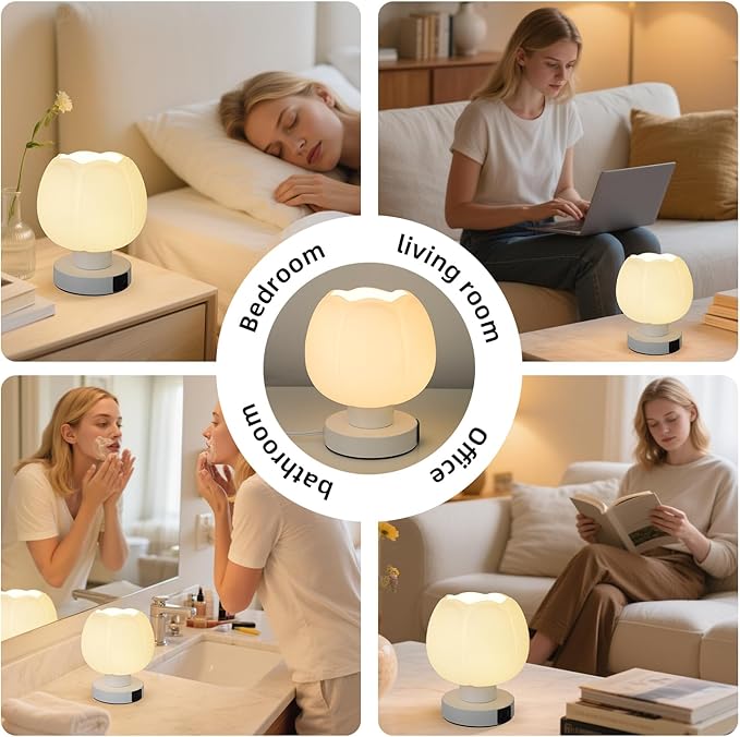 Touch Bedside Lamp with USB C+A Charging Ports,Tulip Flower Lamp with White Glass Lamp Shade, Warm LED Bulb, 3 Way Dimmable, Small Table Lamp for Bedroom Nightstand Living Room