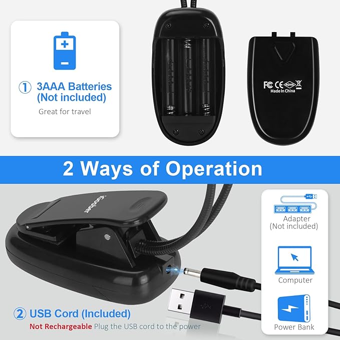 Music Stand Lights - 8 LED Book Light, Piano Light Clip On, USB & AAA Battery Powered, Eye Care & Portable, 2 Arm x 2 Brightness Levels, Ideal for Musician, Piano Player, Orchestra, Travel
