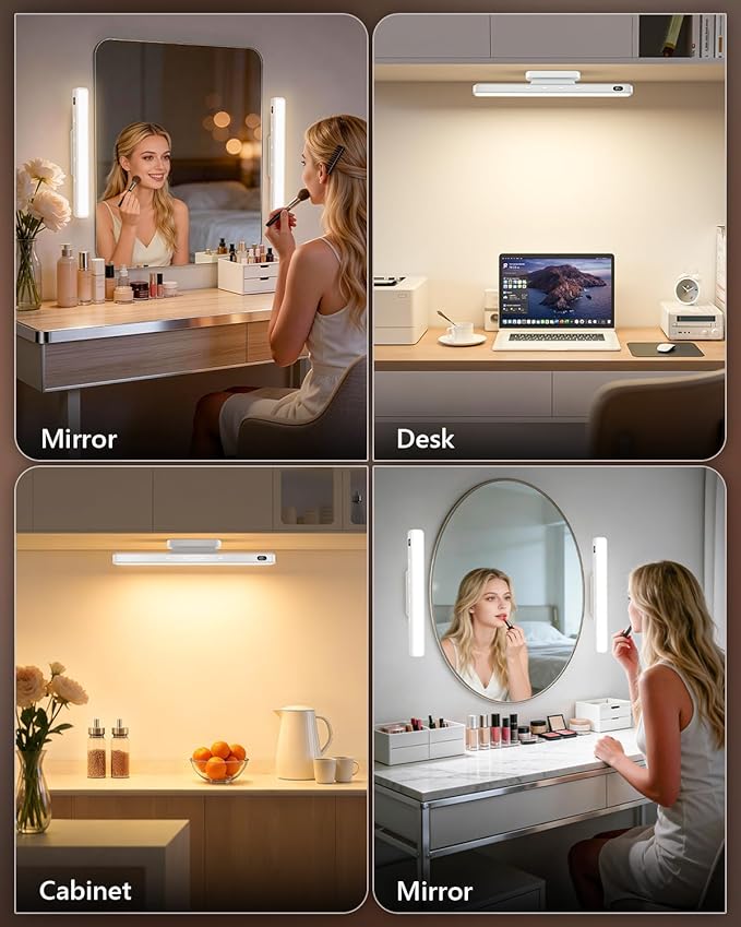 WILLED 5W Mirror Lights with Remote Control,Eye-Friendly Vanity Lights Stick on,Adjustable Color Temperatures Makeup Light with Battery Level Display,Rechargeable Light bar for Bathroom(2 Pack)