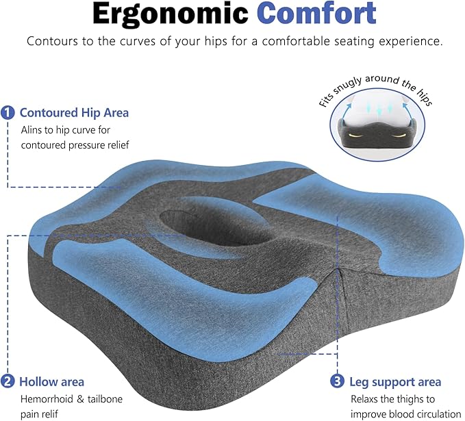 Seat Cushion & Lumbar Support Pillow Set for Office Chair, Ergonomic Pillow for Coccyx Support, Memory Foam Back Support Pillow & Chair Cushion for Car Seat, Desk Chair (Grey)