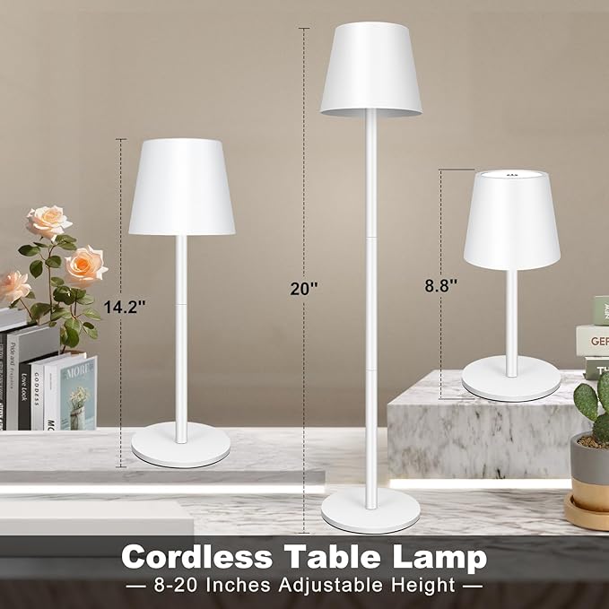 White Cordless Table Lamp Set of 2 - 8-20 Inches Adjustable Height, 5000mAh Rechargeable Battery LED Desk Lamp, 3 Color Stepless Dimmable, Portable Waterproof Metal Table Light for Indoor/Outdoor