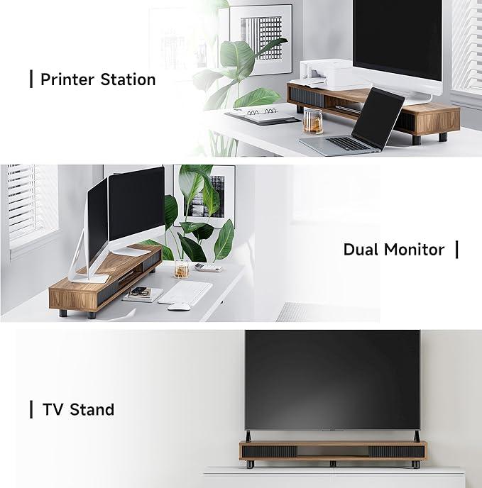 Fenge Dual Monitor Stand, 42.5inch Long Monitor Stands Riser for 2 Monitors, Sliding Door with Storage Organizer Stand for Desk, 2 Tier Desk Shelf for Laptop, Pc, Printer, Computer, TV