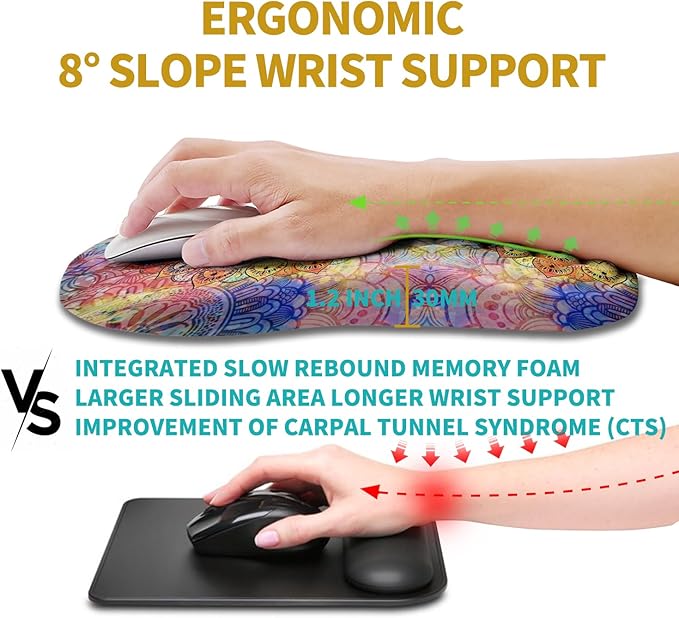 Hokafenle Ergonomic Mouse Pad Wrist Support, Wrist Rest Mousepad for Carpal Tunnel with Integrated Memory Foam Slope Massage Bulge (11.8x7.9 inch,Mandala)