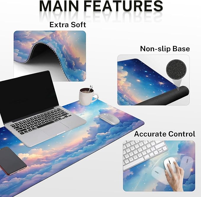 Arttown Starry Sky Desk Mat Cloud Colorful Mouse Pad Set 4 in 1 Beauty Night Sky Ergonomic Design Large Desk Pad + Keyboard Wrist Rest + Mouse Wrist Rest + Coaster Suitable for Home Office Study Game