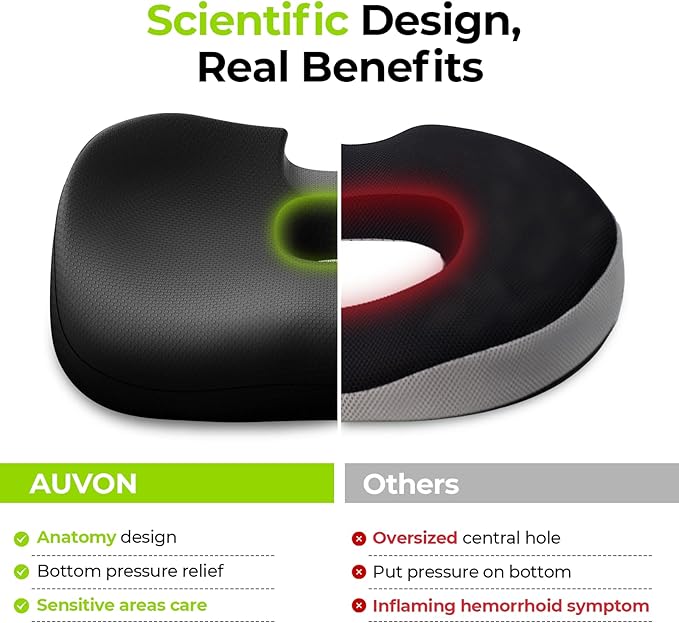 AUVON Innovative Donut Pillow, Scientific Center Hole and Coccyx Cutout, Orthopedic Donut Seat Cushion for Coccyx & Tailbone Support, Postpartum Pregnancy, After Surgery Sitting Comfort