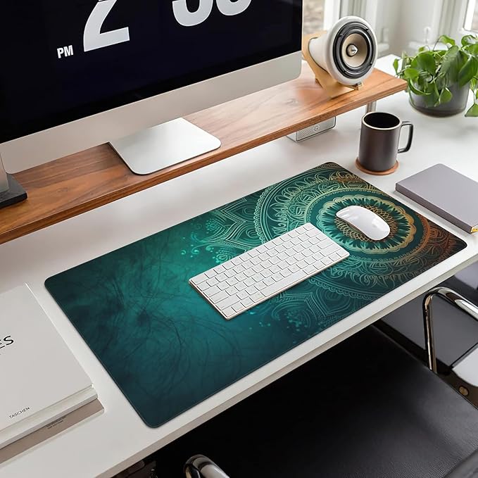 Large Gaming Mouse Pad for Desk,Retro Mandala Flower Desk Mat for Desktop,Mandala Floral Desk Pad, Extended Big Computer Keyboard Mouse Pad with Non-Slip Base and Stitched Edge 35.4"x15.7"