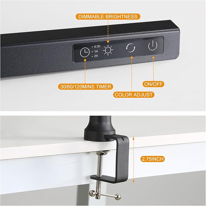Led Desk Lamp with Clamp, Architect Desk Lamp for Home Office with Atmosphere Lighting, 15W Ultra Bright Dimming Computer Light Stepless Dimming and Tempering LED Table Light with Timing