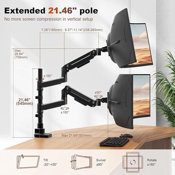 Dual Monitor-Arm Heavy-Duty for 17-49-inch Screens - Premium Vertical Stacked Dual Monitor Arm Desk Mount for Ultrawide Screens up to 44lbs, Fully Adjustability, VESA 75/100 mm, Black
