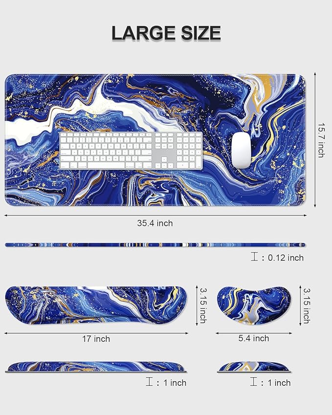Auhoahsil Large Mouse Pad with Wrist Rests for Keyboard & Mouse, Thick Soft Ergonomic Memory Foam Wrist Supports, Big & Long Desk Mat 35.5 x 15.7 in, for Office Gaming Computer, Navy Marble