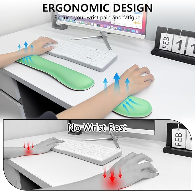 Wrist Rest for Computer Keyboard and Mouse, Ergonomic Design Wrist Support Pad for Keyboard, Soft Memory Foam Desk Pads Support Hand and Arm Easy Typing & Comfort, 2 Piece Pad, Green