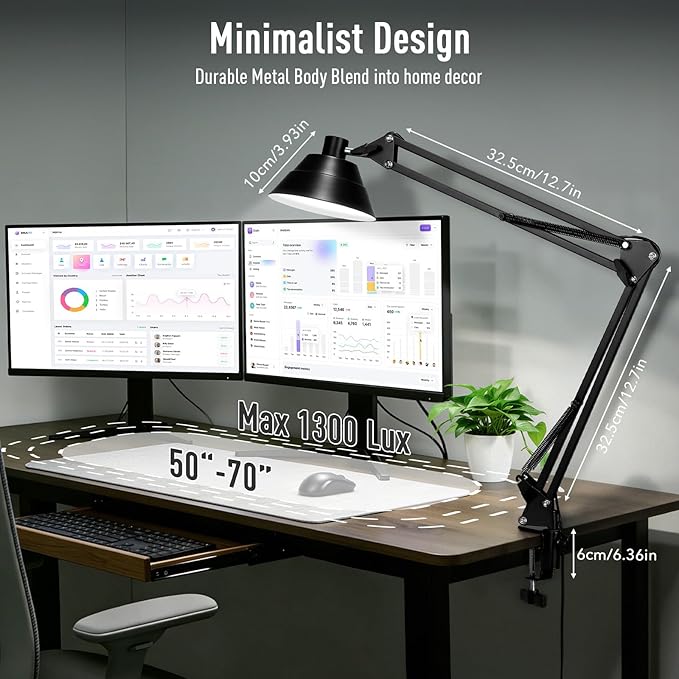 Led Desk Lamp for Home Office - Swing Arm Desk Lamp with Clamp - Architect Adjustable Gooseneck Table Lamp with 5 Color Modes & 10 Brightness for Reading Working Drafting (Black)