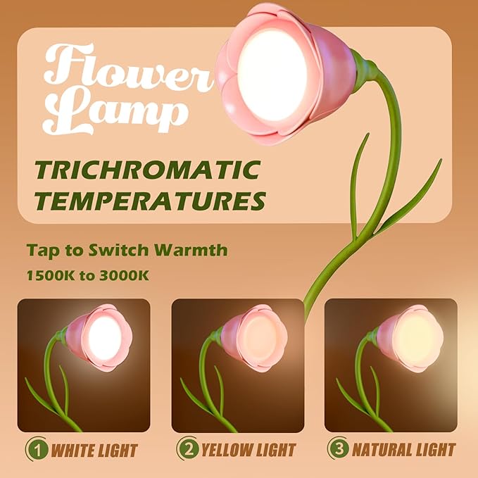 Rose Flower Lamp Rechargeable Reading Light for Bed,3-Color Modes Adjustable Brightness Small Night Light Neck Reading Light,Festival Gifts for Kids Mom Girlfriend Grandma (Pink)