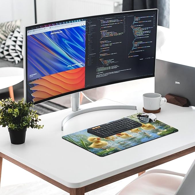 Large Ergonomic Gaming Mouse Pad Playful Ducklings in Pond - Cute Waterfowl Theme with Non-Slip Base Water-Resistant Surface and Stitched Edges 30x60cm