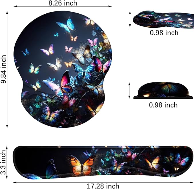 ARTSO Ergonomic Mouse Pad with Wrist Rest, Comfortable Keyboard Wrist Rest, Memory Foam Mousepad for Computer Keyboard, Mouse Pad Set for Easy Typing & Comfort, Night Butterfly