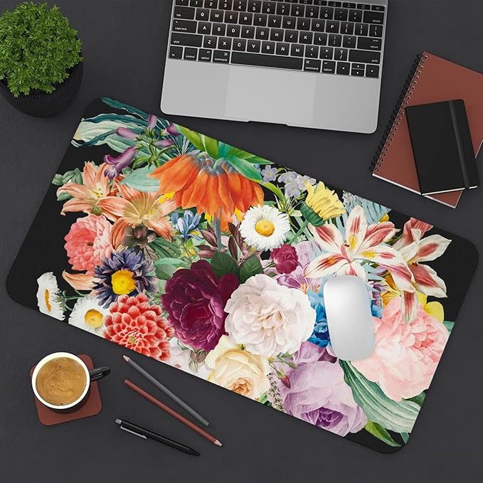 Desk Mat Large Protector Pad 23.6" ×11.8", Non-Slip PU Leather Desk Blotter, Waterproof Mouse Pad for Office Home Bouquet