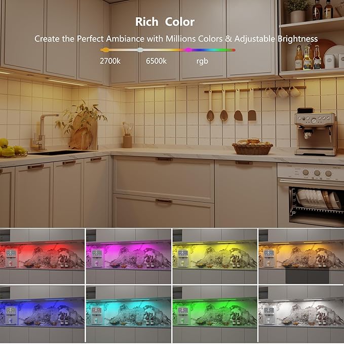 LAMPAOUS LED Under Counter Lights Fixtures for Kitchen,Smart Cabinet Lighting Strips Plug in Compatible with Alexa,Google Assistant,App,RGB Color Changing & White Dimmable,12Inch Linkable,Bright,3pcs